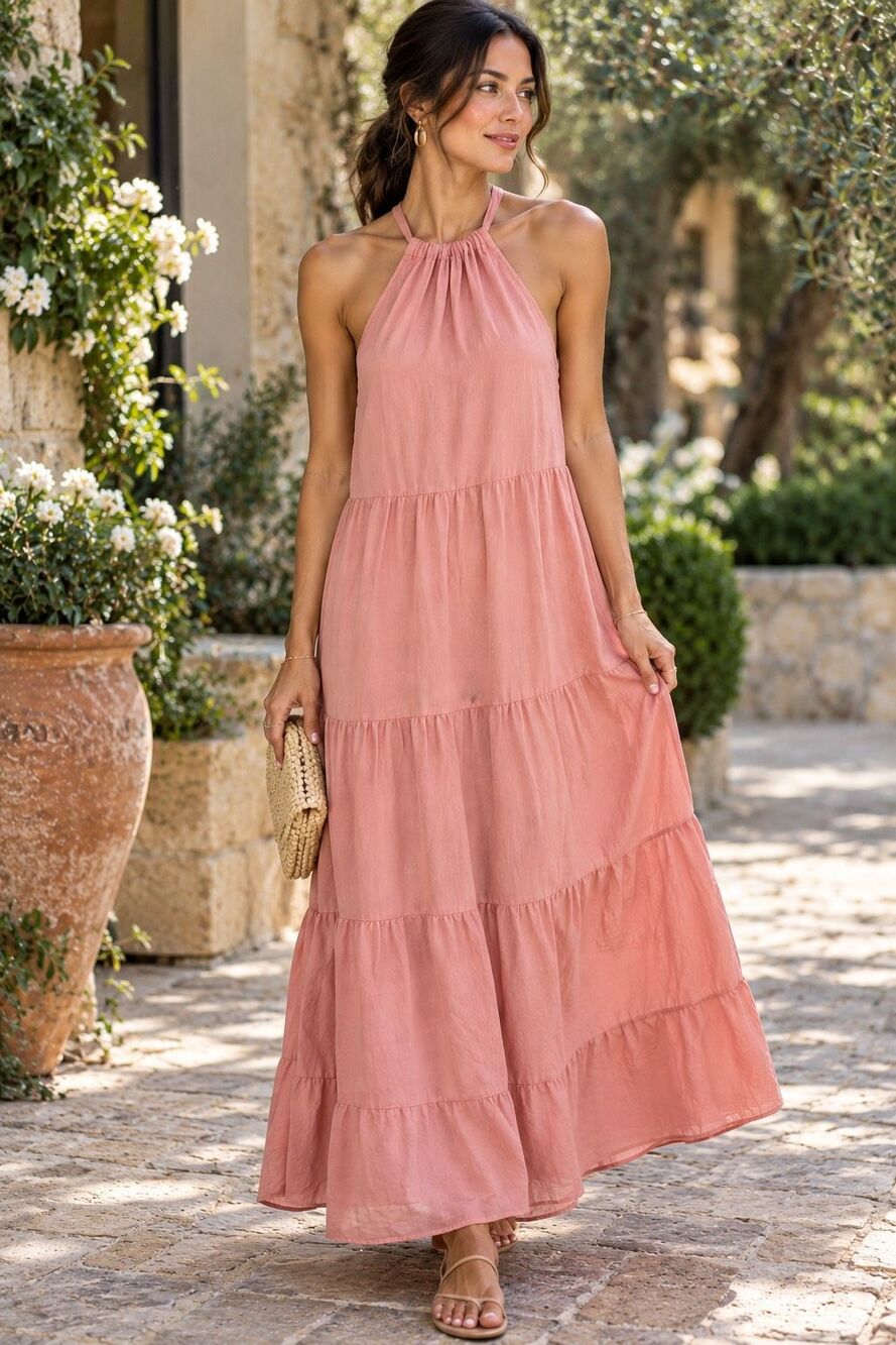 Anthropologie Cloth & Stone XS Pink Tencel Tiered Halter Maxi Dress